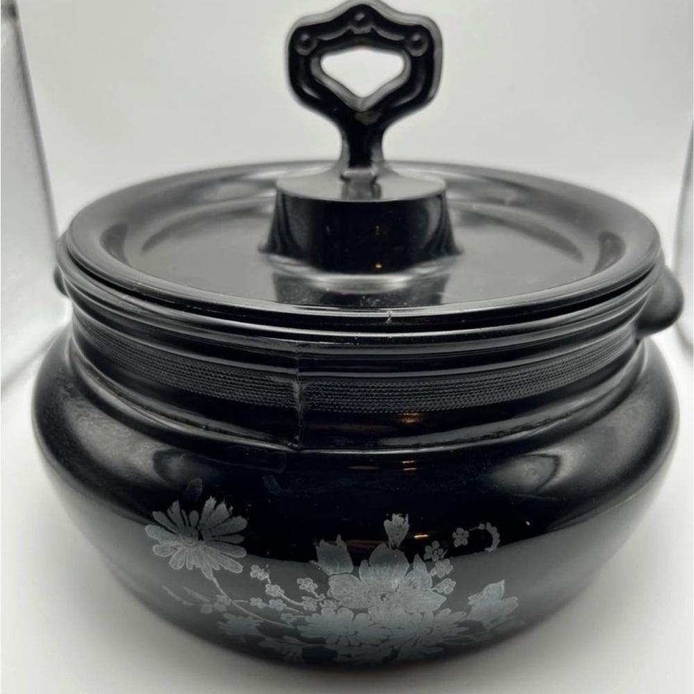 𝅺L E Smith Black Amethyst Bowl With Lid Silver Overlay 8”